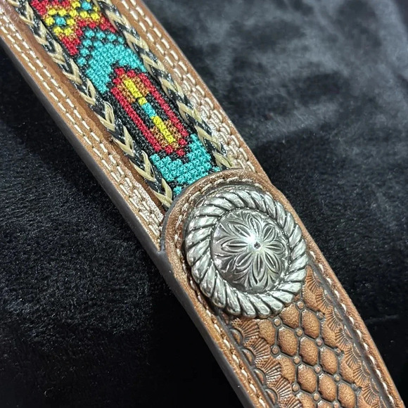 Nocona Genuine Leather,tooled,Aztec stitch, Conchos,removable silvertone buckle - Picture 2 of 10
